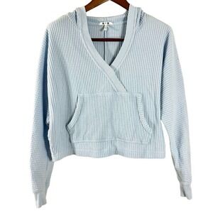 Three Dots Womens Light Blue Waffle Knit Crossover V-Neck Cropped Hoodie Small